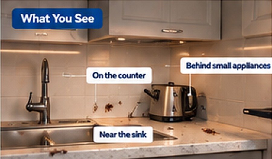 Visible German roach activity on a kitchen counter and near a sink