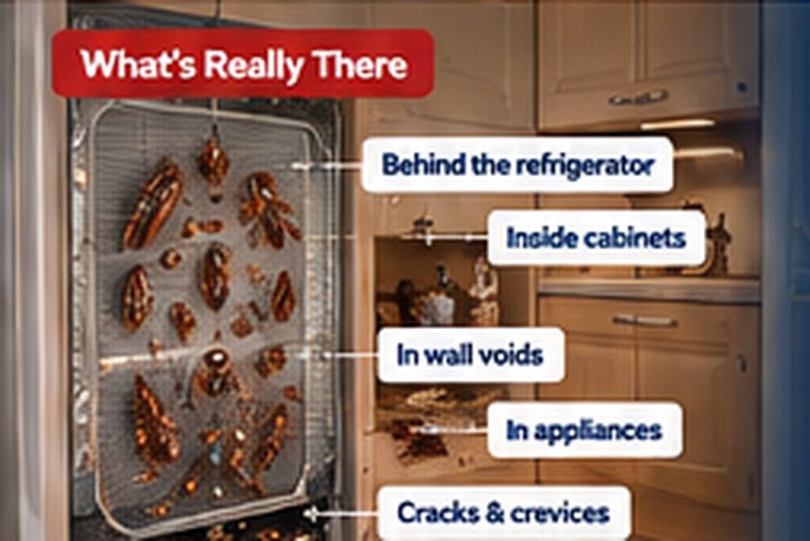 Hidden German roach population behind appliances and inside kitchen voids