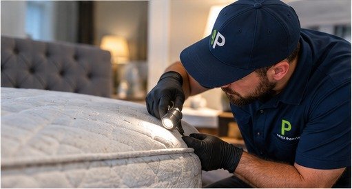 Pestora technician inspecting a mattress seam for bed bug evidence