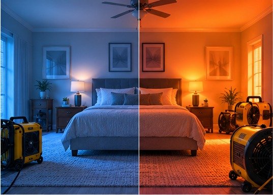 Bedroom shown at normal temperature and during bed bug heat treatment