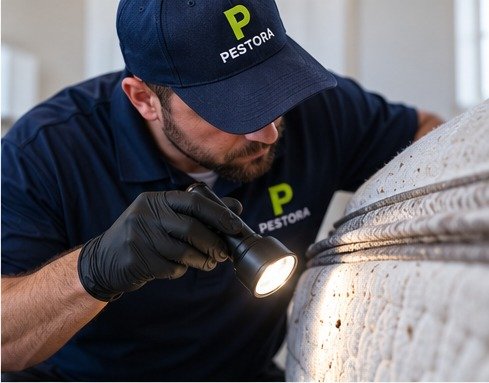 Pest control technician inspecting the exterior foundation of a home for rodent entry points