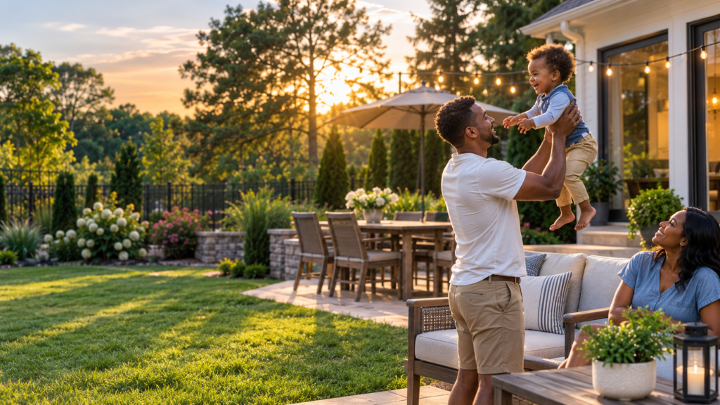 Family enjoying their backyard at sunset — a dad lifting his toddler while mom watches from the patio