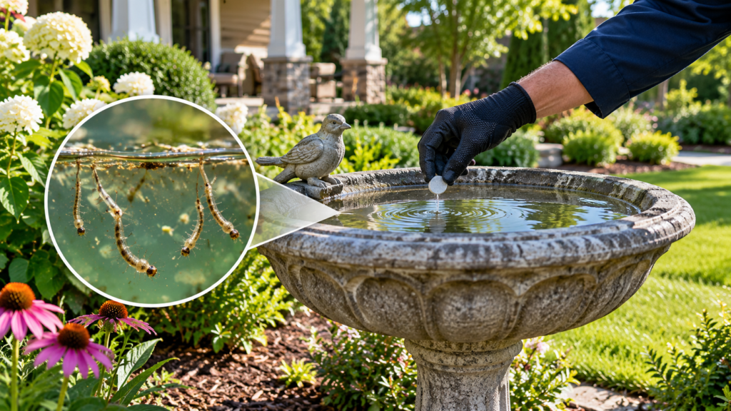 Technician applying larvicide to a birdbath, with an inset showing mosquito larvae in standing water
