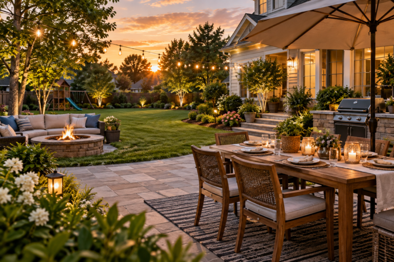 Backyard patio set for outdoor dining and entertaining at dusk