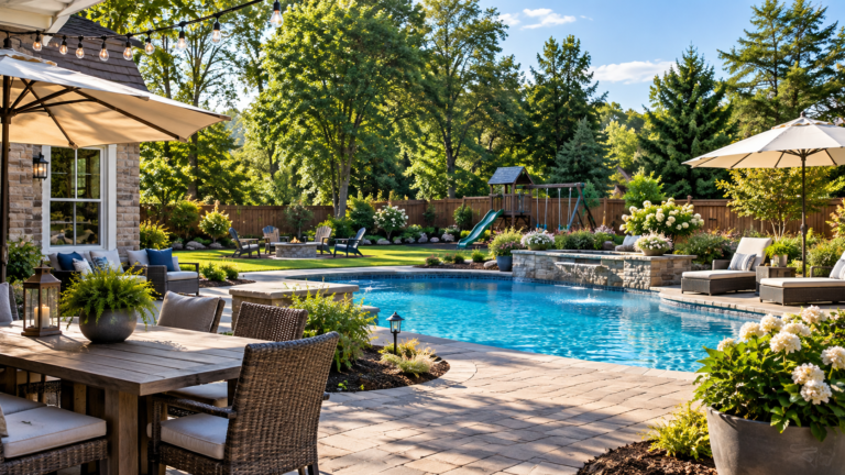 Backyard pool and patio seating on a sunny day