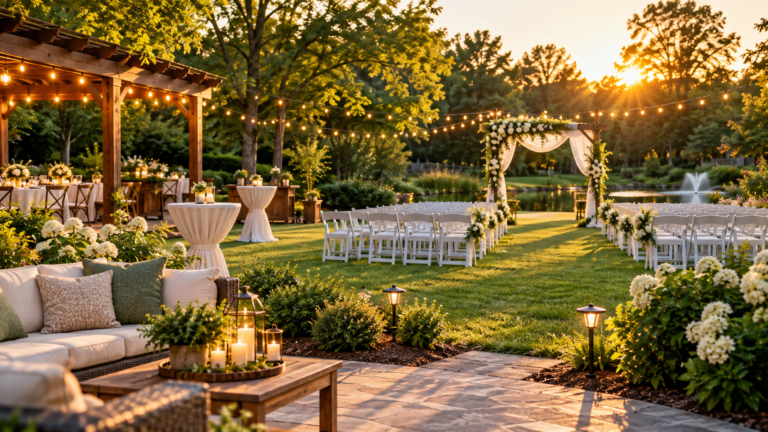 Outdoor wedding reception set up on a lawn at sunset
