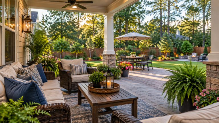 Covered porch with comfortable patio seating overlooking the backyard