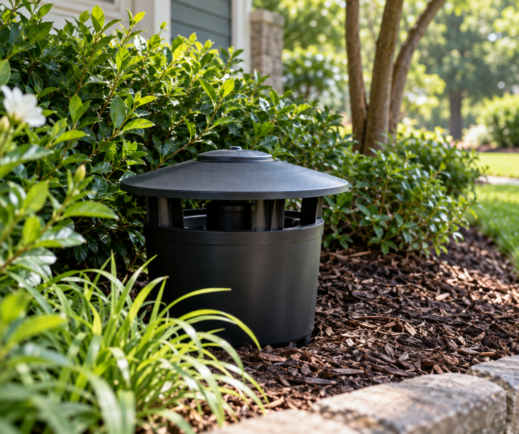 Generic outdoor mosquito control station placed in landscaping mulch (placeholder image)
