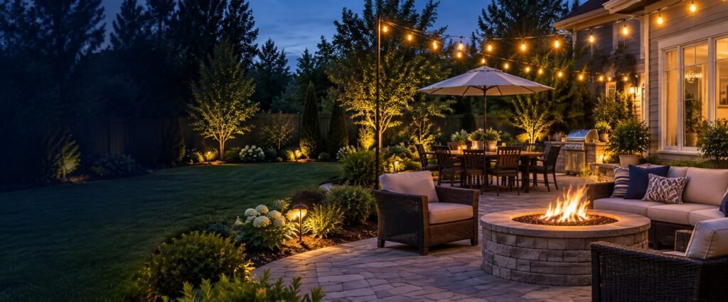 Backyard patio with string lights in the evening