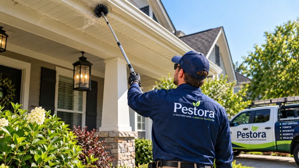 Pestora technician removing spider webs from the eaves of a home with an extension pole