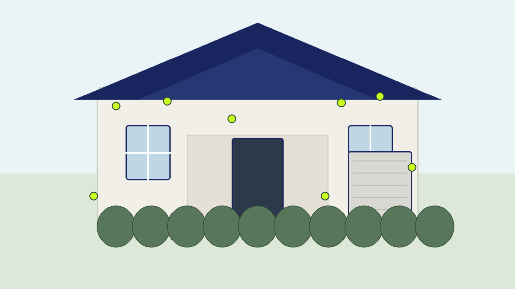 Illustration of a house exterior highlighting common spider areas such as eaves, windows, doors, lighting and the garage