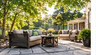 Evening backyard patio with warm lights at a home in the Midlands
