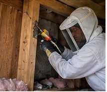 Pest control technician in protective gear treating a concealed stinging insect nest