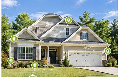 House and yard showing common stinging insect nesting areas around a home