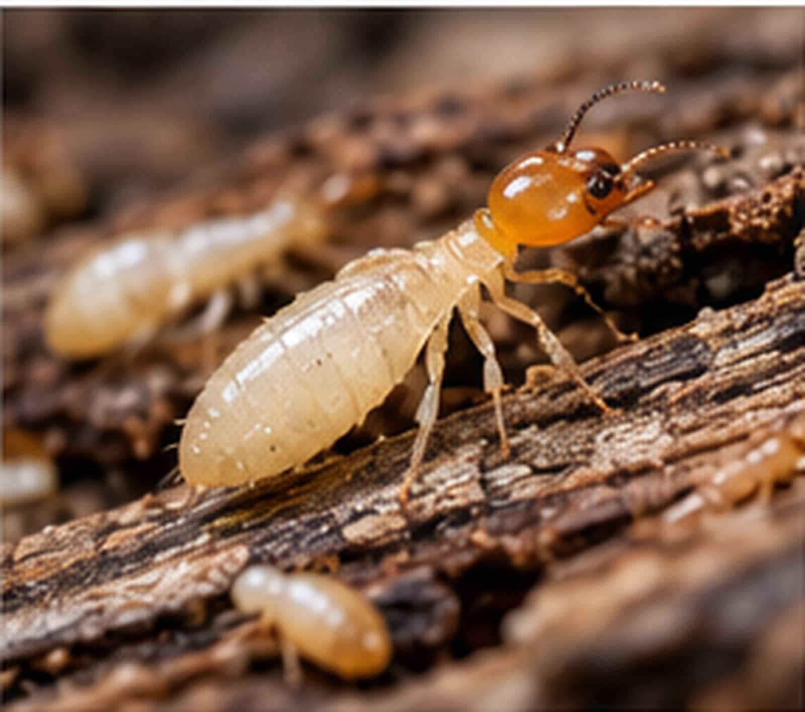Close-up of subterranean termites moving through soil and wood