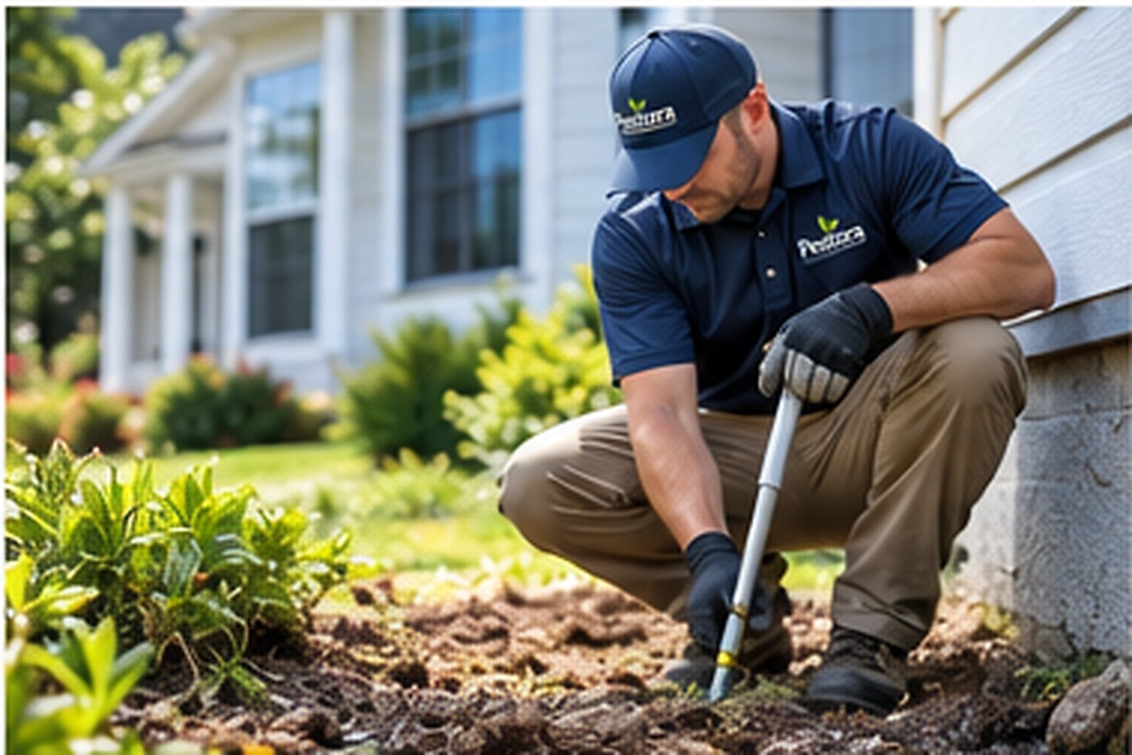 Pestora termite technician treating soil beside a home foundation