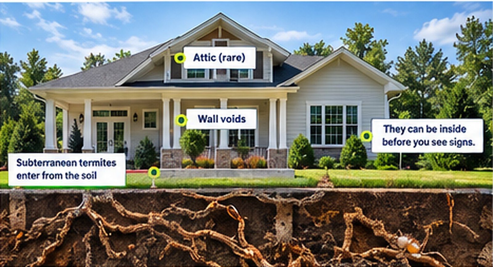 House and soil cutaway illustrating potential termite entry areas