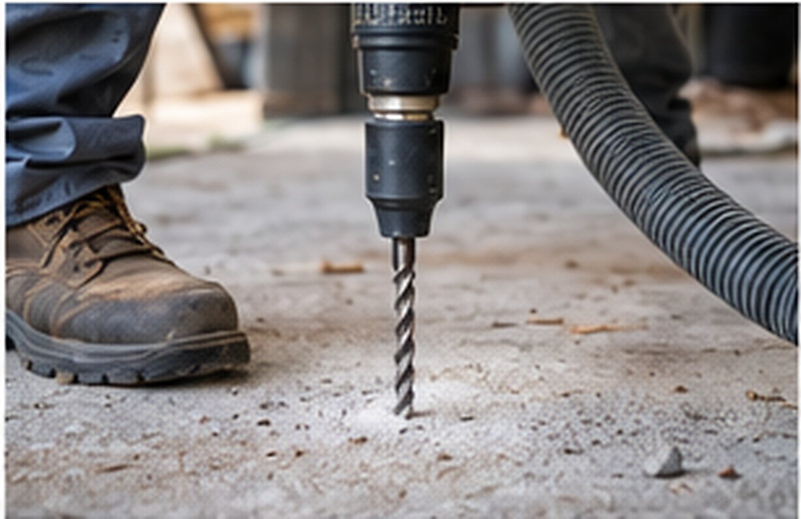 Technician drilling an appropriate slab area for termite treatment