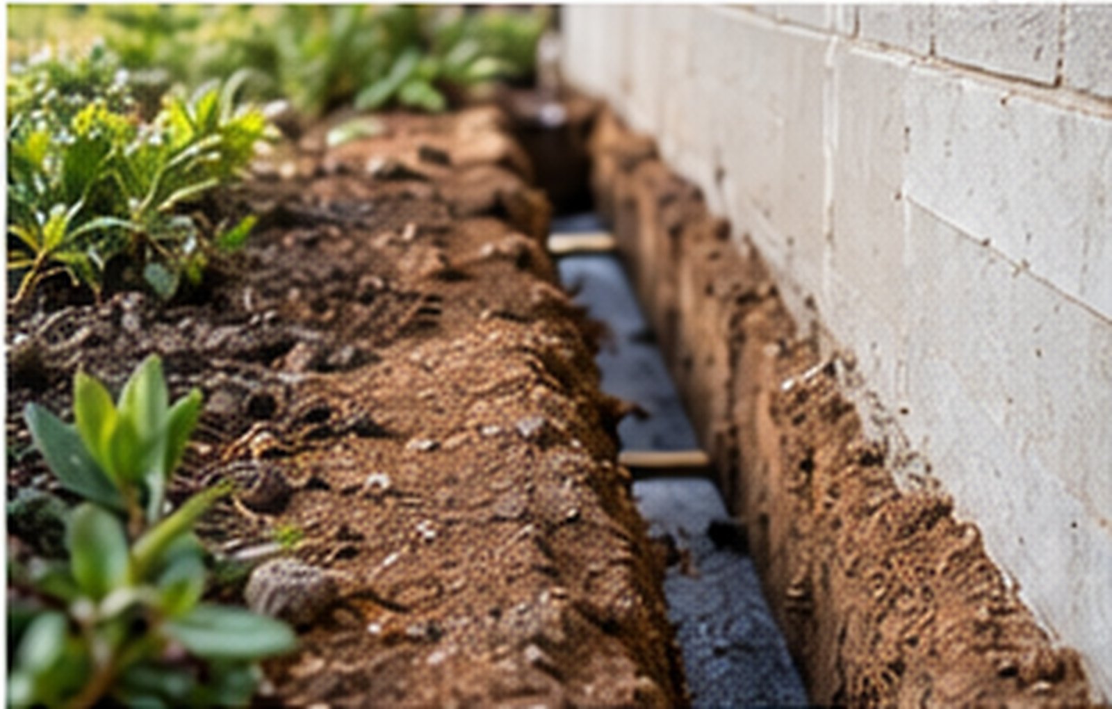 Narrow treatment trench beside a home foundation